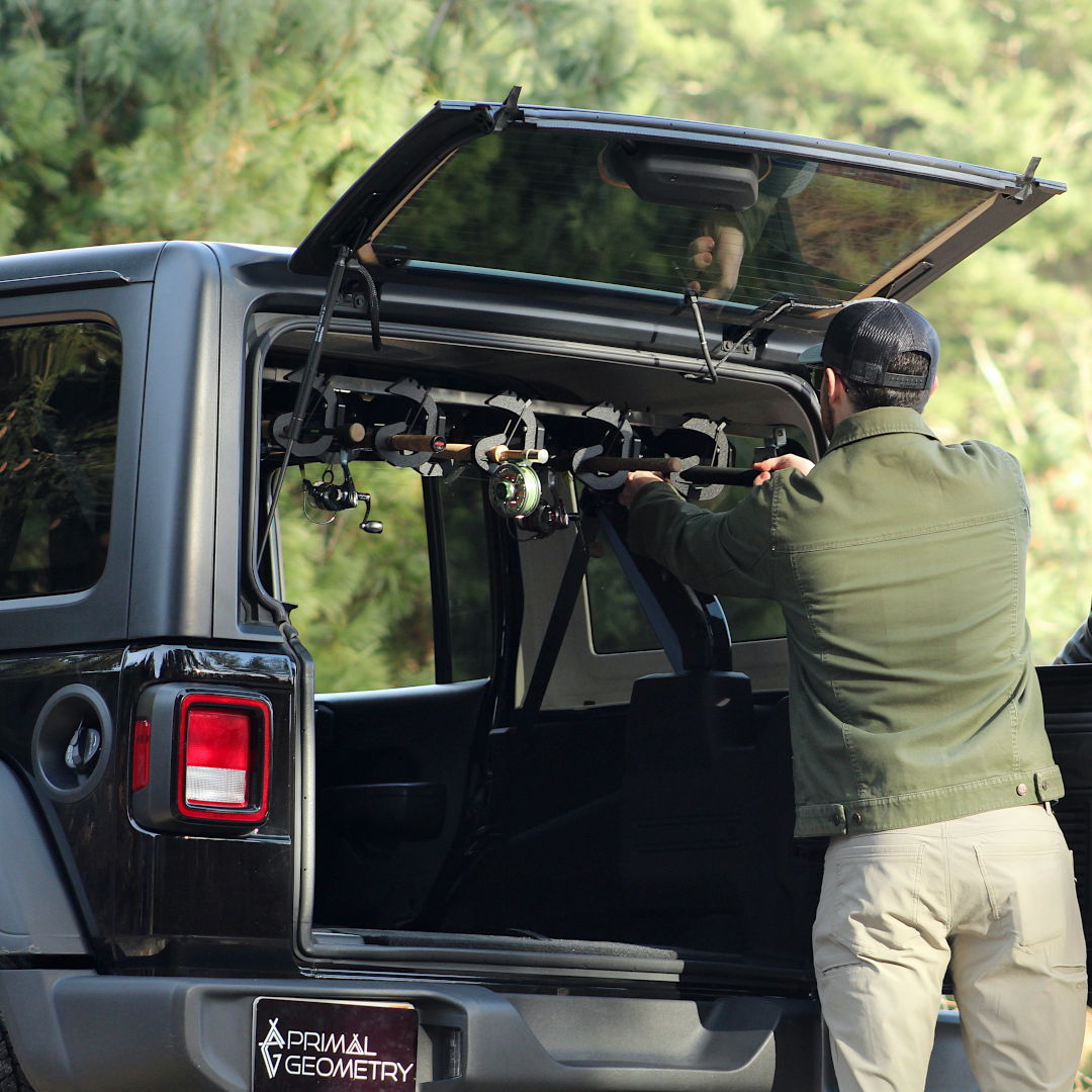 Jeep fishing rod carrier. Rod rig in a jeep.